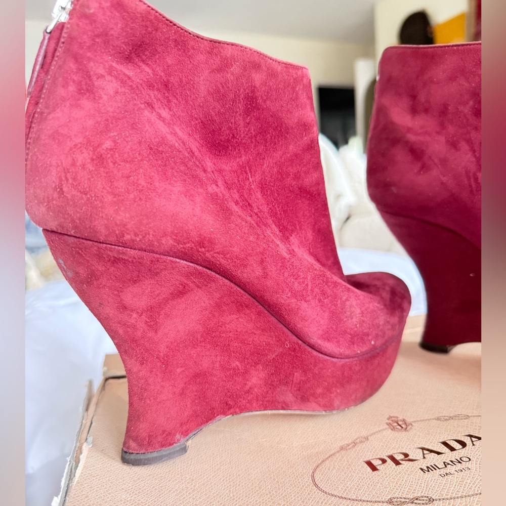 Prada Burgundy Suede Wedge Boots - Picture 15 of 15